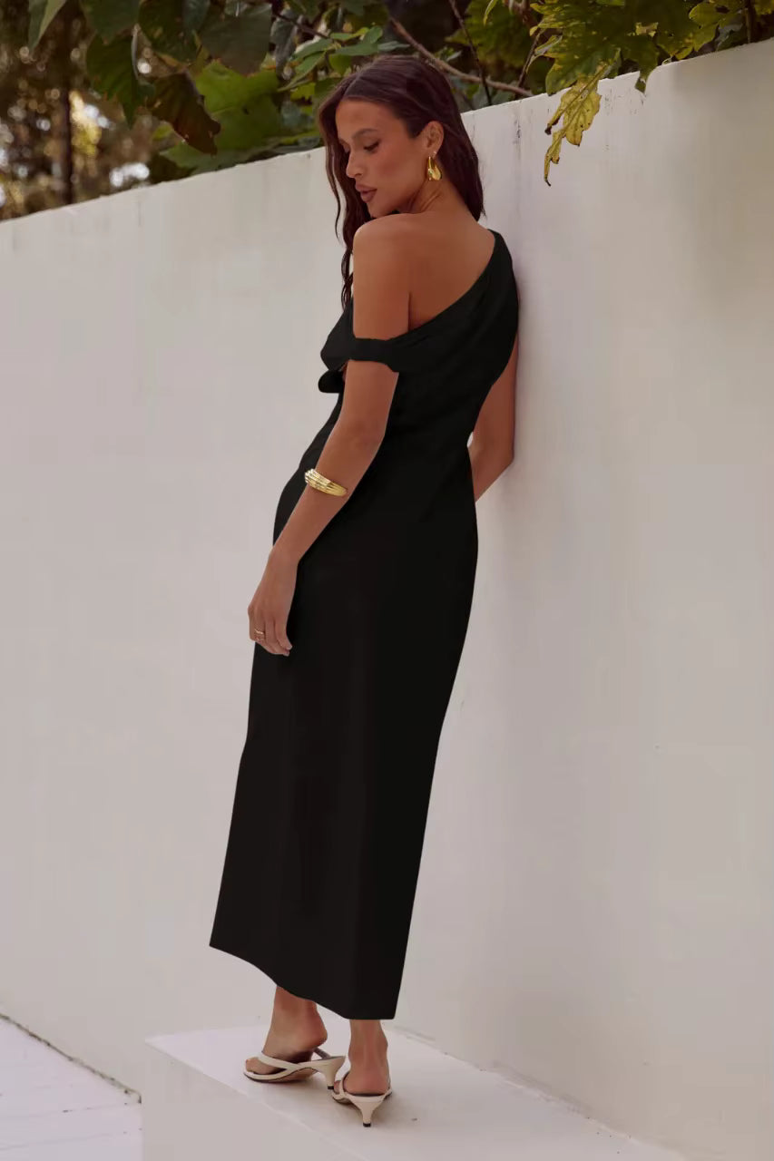 Elegant Diagonal Shoulder Style Tight Satin Long Maxi Dress