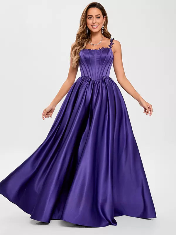 Elegant Satin Fabric Square Neck A-Line Sleeveless Applique Prom Party Dresses