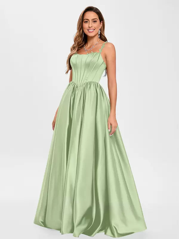 Elegant Satin Fabric Square Neck A-Line Sleeveless Applique Prom Party Dresses