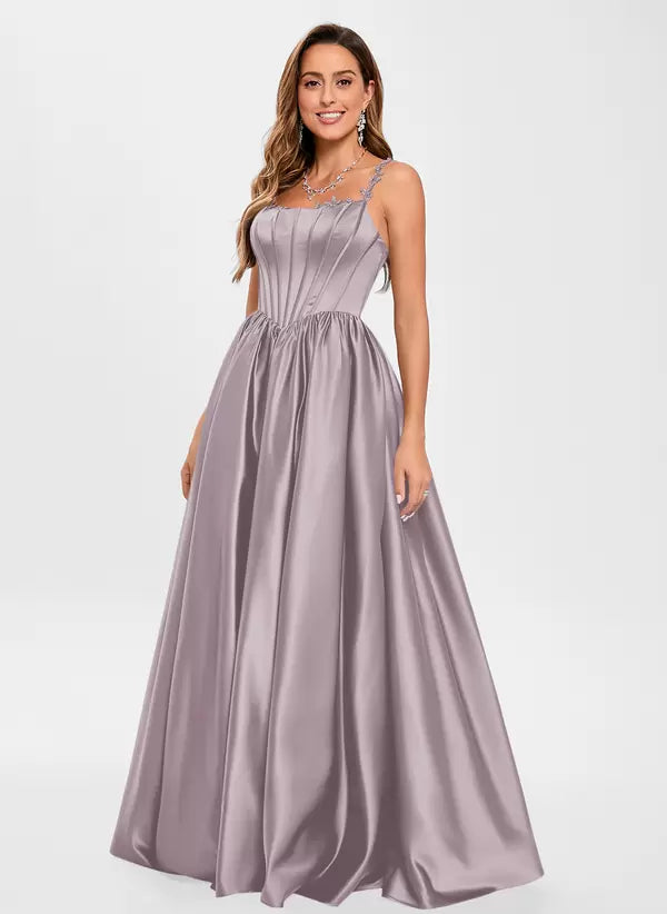 Elegant Satin Fabric Square Neck A-Line Sleeveless Applique Prom Party Dresses