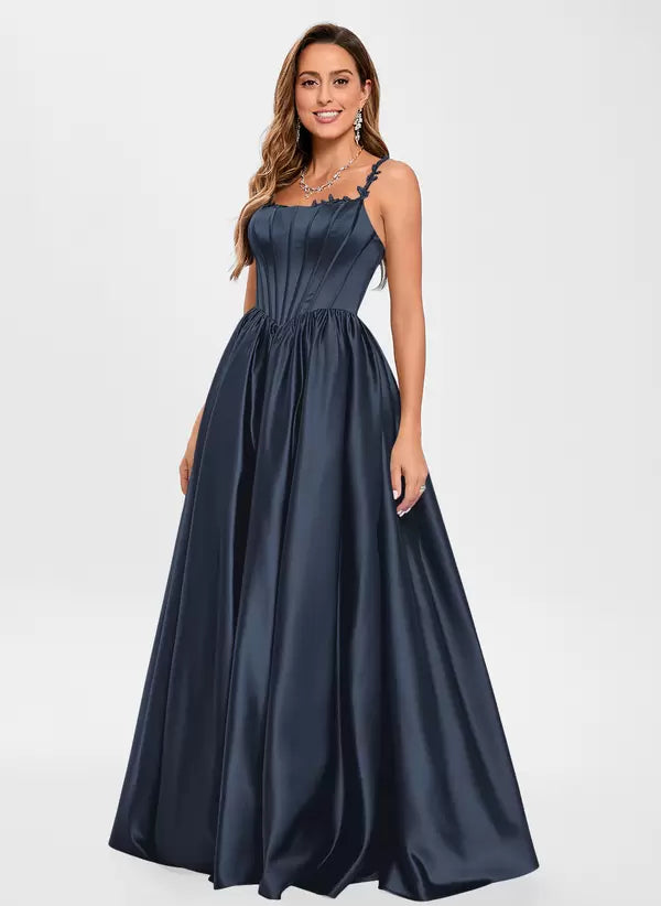 Elegant Satin Fabric Square Neck A-Line Sleeveless Applique Prom Party Dresses