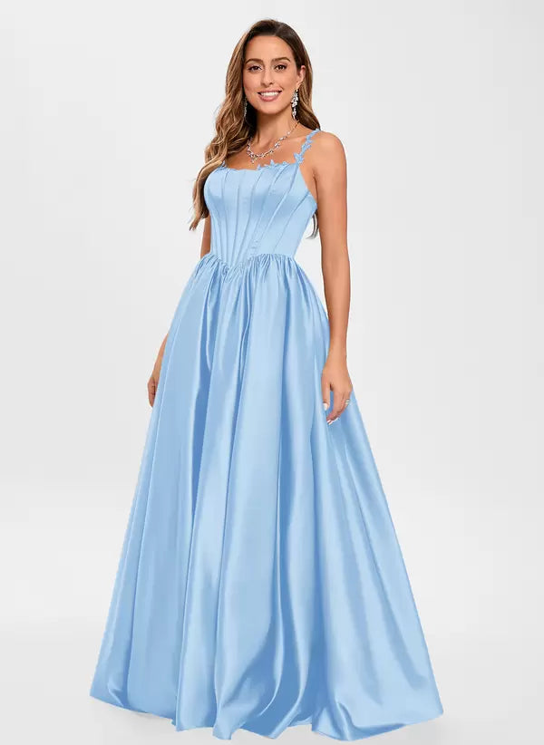 Elegant Satin Fabric Square Neck A-Line Sleeveless Applique Prom Party Dresses