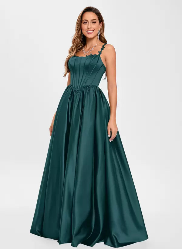 Elegant Satin Fabric Square Neck A-Line Sleeveless Applique Prom Party Dresses