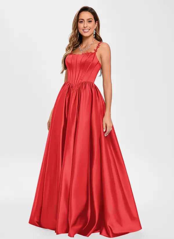Elegant Satin Fabric Square Neck A-Line Sleeveless Applique Prom Party Dresses