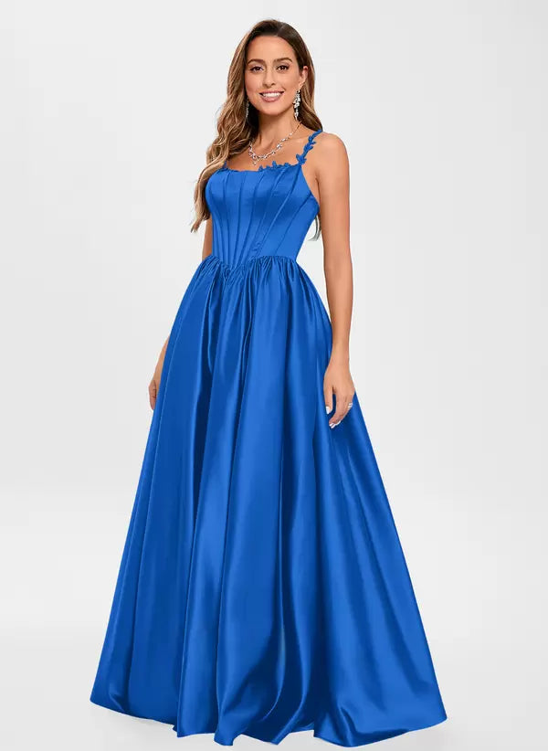 Elegant Satin Fabric Square Neck A-Line Sleeveless Applique Prom Party Dresses