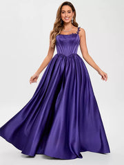 Elegant Satin Fabric Square Neck A-Line Sleeveless Applique Prom Party Dresses