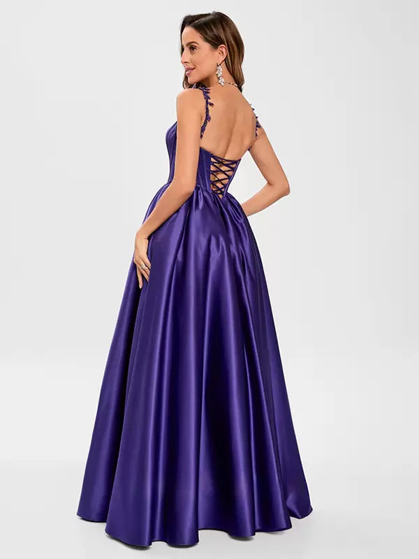 Elegant Satin Fabric Square Neck A-Line Sleeveless Applique Prom Party Dresses