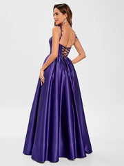 Elegant Satin Fabric Square Neck A-Line Sleeveless Applique Prom Party Dresses