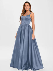 Elegant Satin Fabric Square Neck A-Line Sleeveless Applique Prom Party Dresses