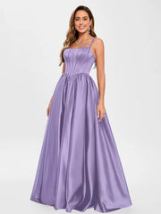 Elegant Satin Fabric Square Neck A-Line Sleeveless Applique Prom Party Dresses