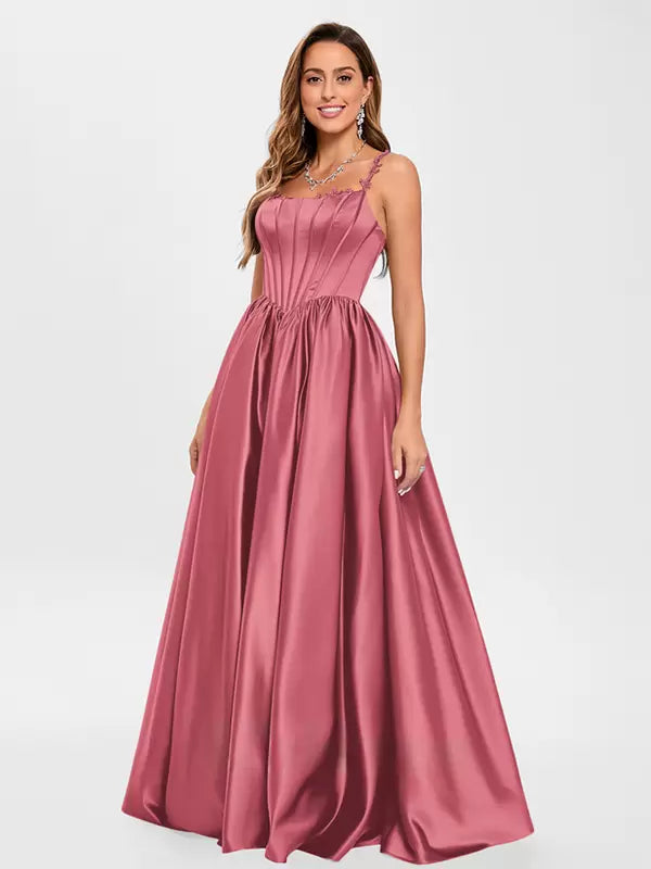 Elegant Satin Fabric Square Neck A-Line Sleeveless Applique Prom Party Dresses