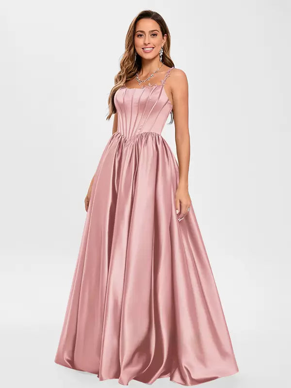 Elegant Satin Fabric Square Neck A-Line Sleeveless Applique Prom Party Dresses