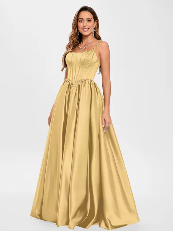 Elegant Satin Fabric Square Neck A-Line Sleeveless Applique Prom Party Dresses
