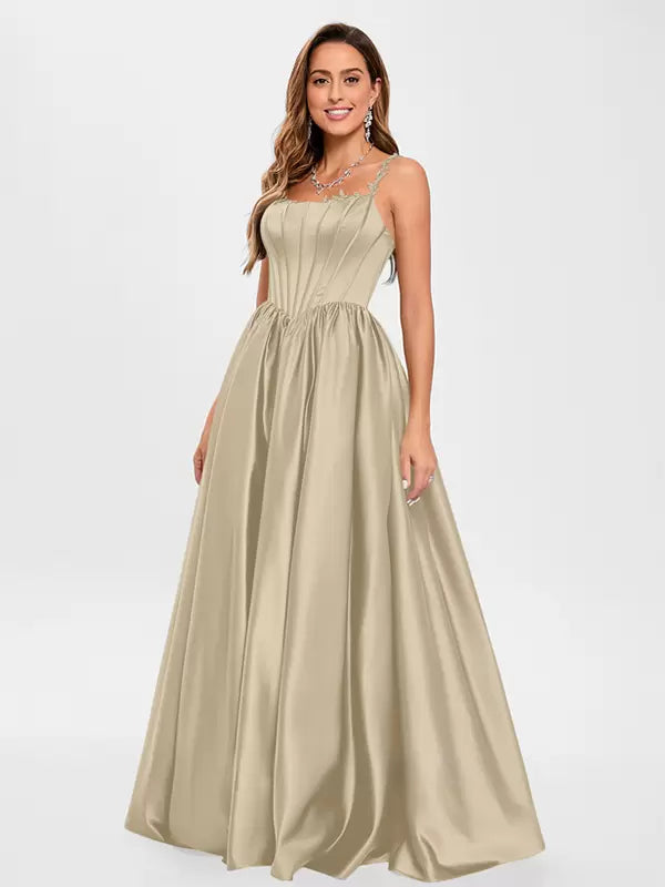 Elegant Satin Fabric Square Neck A-Line Sleeveless Applique Prom Party Dresses