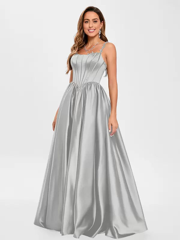 Elegant Satin Fabric Square Neck A-Line Sleeveless Applique Prom Party Dresses
