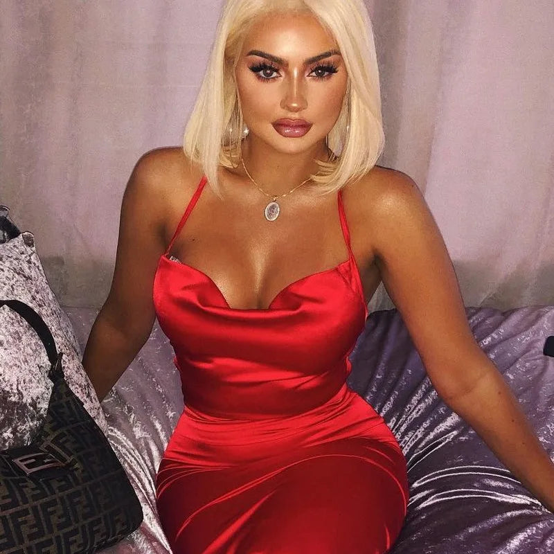 Elegant Satin Lace Up Backless Party Club Bodycon Long Midi Dress