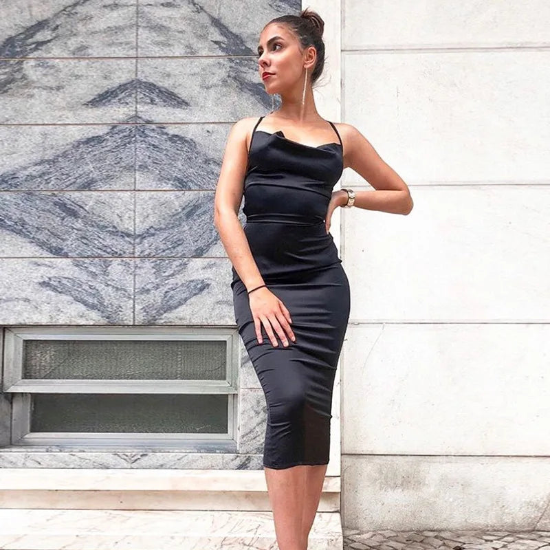 Elegant Satin Lace Up Backless Party Club Bodycon Long Midi Dress