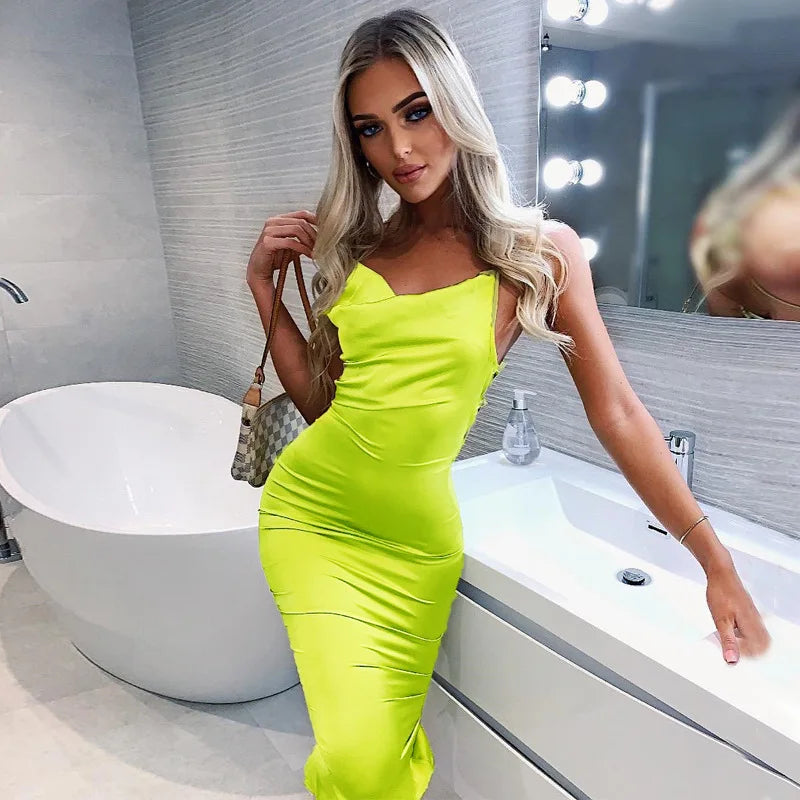 Elegant Satin Lace Up Backless Party Club Bodycon Long Midi Dress