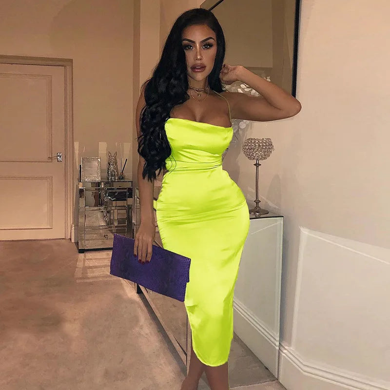 Elegant Satin Lace Up Backless Party Club Bodycon Long Midi Dress