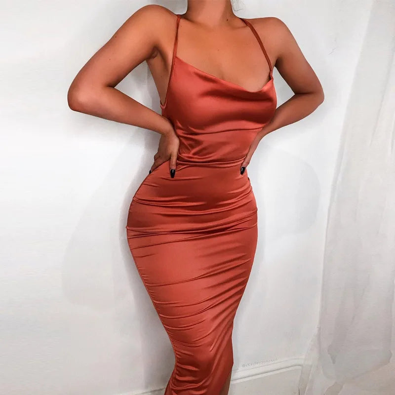 Elegant Satin Lace Up Backless Party Club Bodycon Long Midi Dress