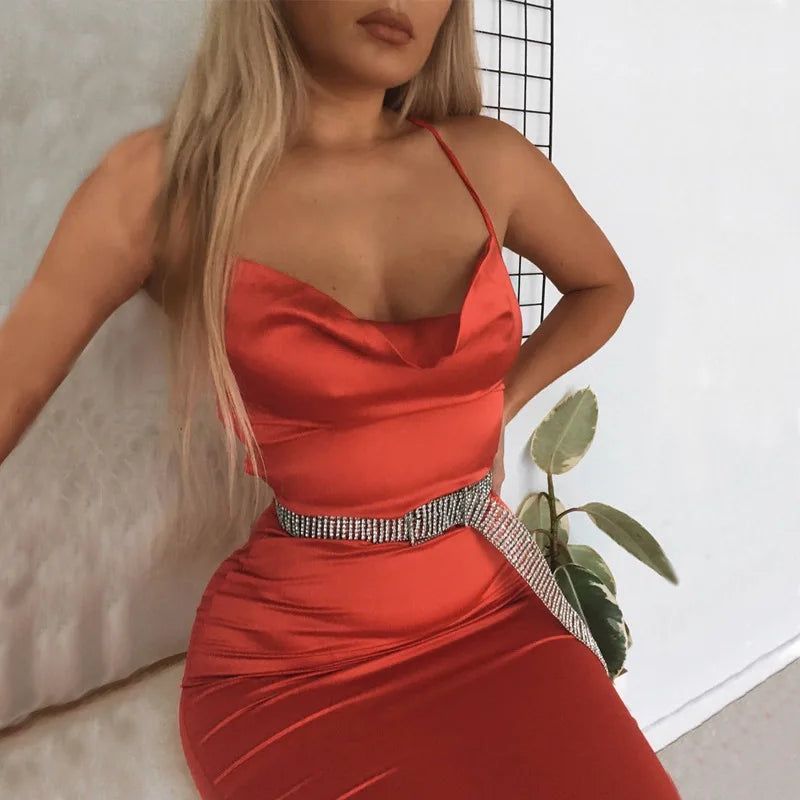 Elegant Satin Lace Up Backless Party Club Bodycon Long Midi Dress