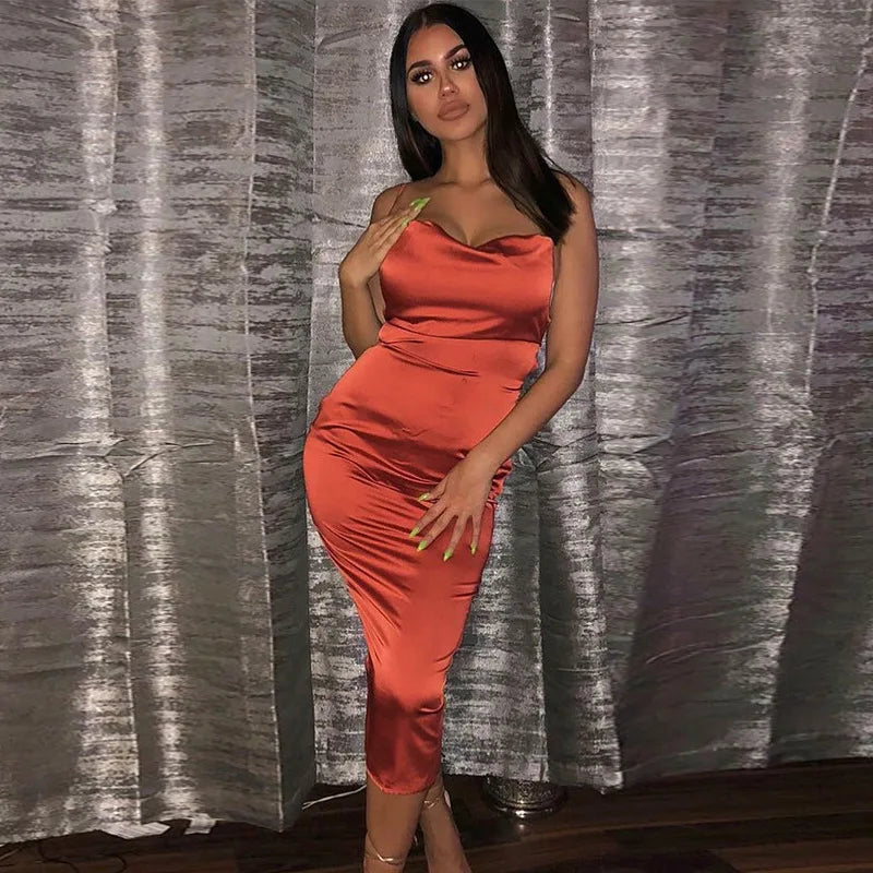 Elegant Satin Lace Up Backless Party Club Bodycon Long Midi Dress
