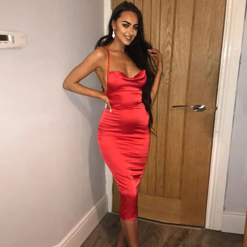 Elegant Satin Lace Up Backless Party Club Bodycon Long Midi Dress