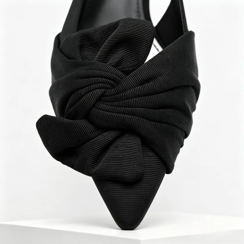 Elegant Satin Pleated Bow Pumps Pointed Toe Slingback Kitten Heel