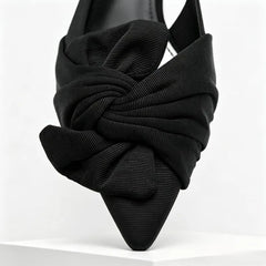 Elegant Satin Pleated Bow Pumps Pointed Toe Slingback Kitten Heel
