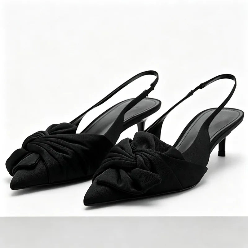Elegant Satin Pleated Bow Pumps Pointed Toe Slingback Kitten Heel