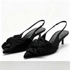 Elegant Satin Pleated Bow Pumps Pointed Toe Slingback Kitten Heel