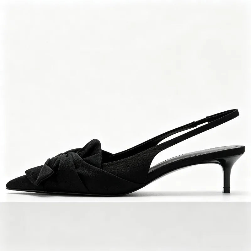 Elegant Satin Pleated Bow Pumps Pointed Toe Slingback Kitten Heel