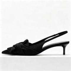 Elegant Satin Pleated Bow Pumps Pointed Toe Slingback Kitten Heel