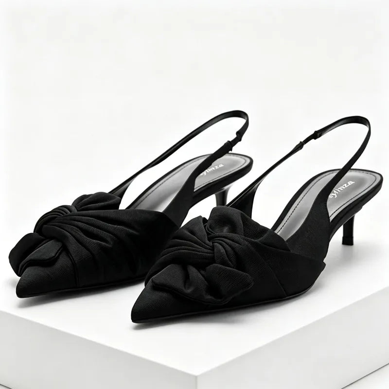 Elegant Satin Pleated Bow Pumps Pointed Toe Slingback Kitten Heel