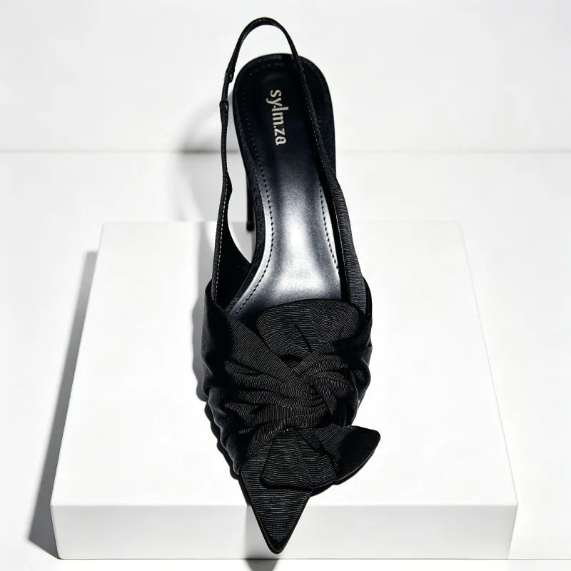 Elegant Satin Pleated Bow Pumps Pointed Toe Slingback Kitten Heel