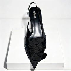Elegant Satin Pleated Bow Pumps Pointed Toe Slingback Kitten Heel