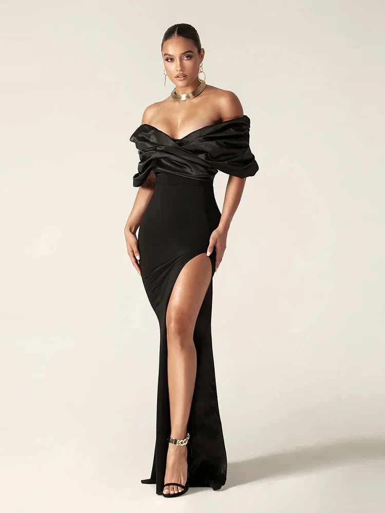 Elegant Satin Ruffle Shoulder High Slit Off the Shoulder Pleat Bodycon Long Maxi Dress