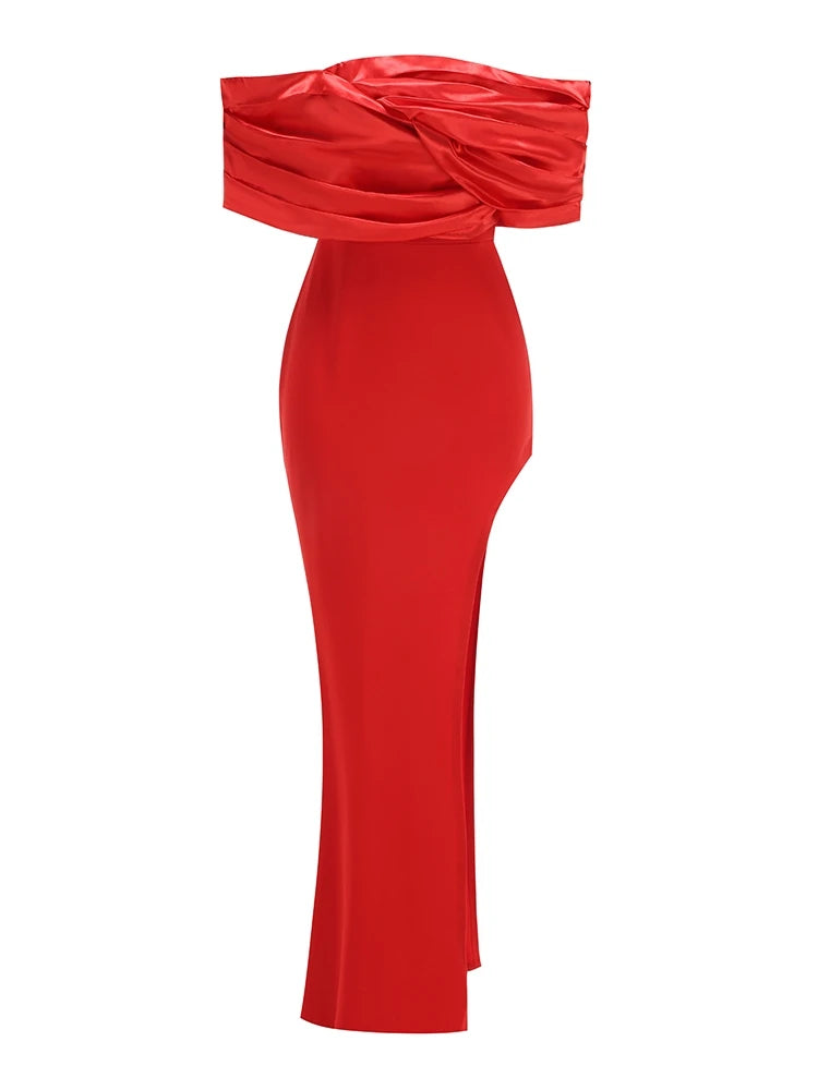 Elegant Satin Ruffle Shoulder High Slit Off the Shoulder Pleat Bodycon Long Maxi Dress