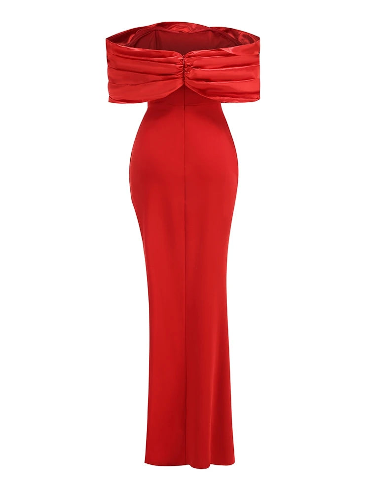 Elegant Satin Ruffle Shoulder High Slit Off the Shoulder Pleat Bodycon Long Maxi Dress