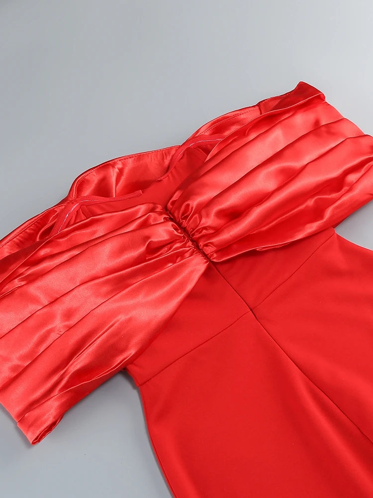 Elegant Satin Ruffle Shoulder High Slit Off the Shoulder Pleat Bodycon Long Maxi Dress