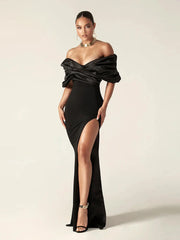 Elegant Satin Ruffle Shoulder High Slit Off the Shoulder Pleat Bodycon Long Maxi Dress