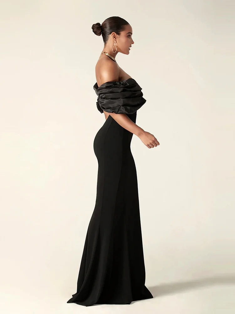 Elegant Satin Ruffle Shoulder High Slit Off the Shoulder Pleat Bodycon Long Maxi Dress
