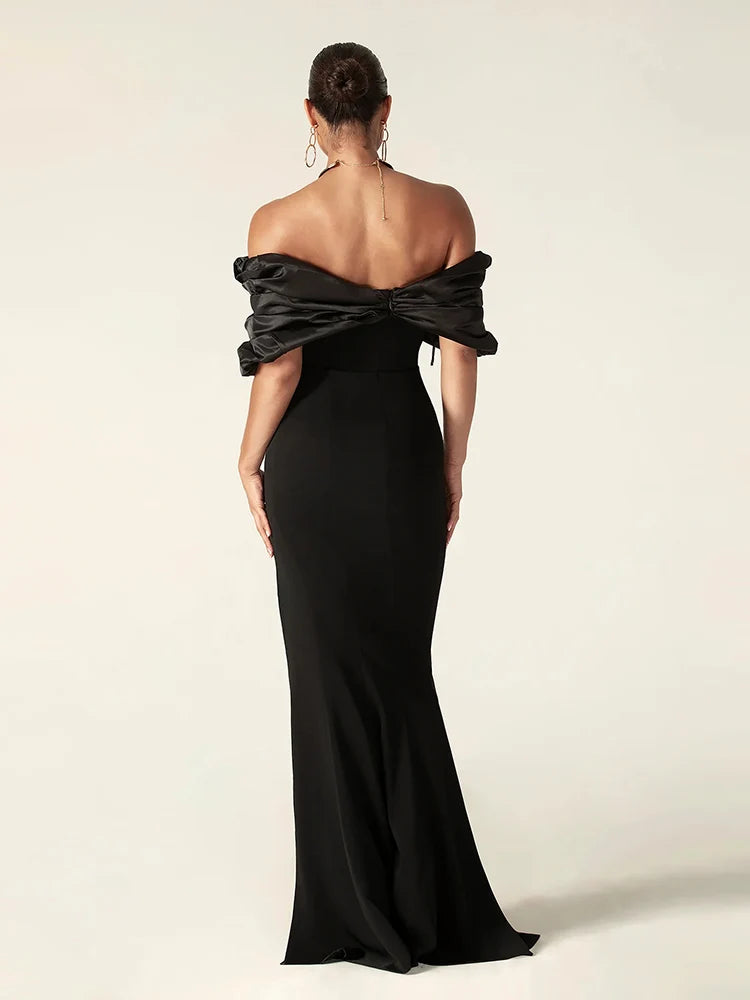 Elegant Satin Ruffle Shoulder High Slit Off the Shoulder Pleat Bodycon Long Maxi Dress