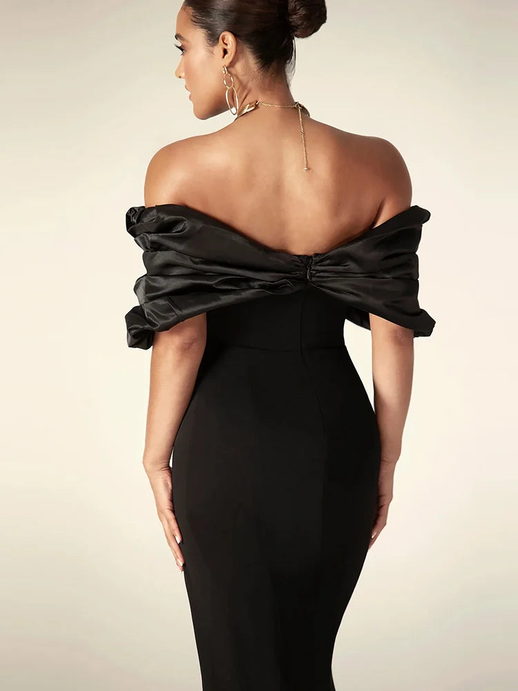 Elegant Satin Ruffle Shoulder High Slit Off the Shoulder Pleat Bodycon Long Maxi Dress