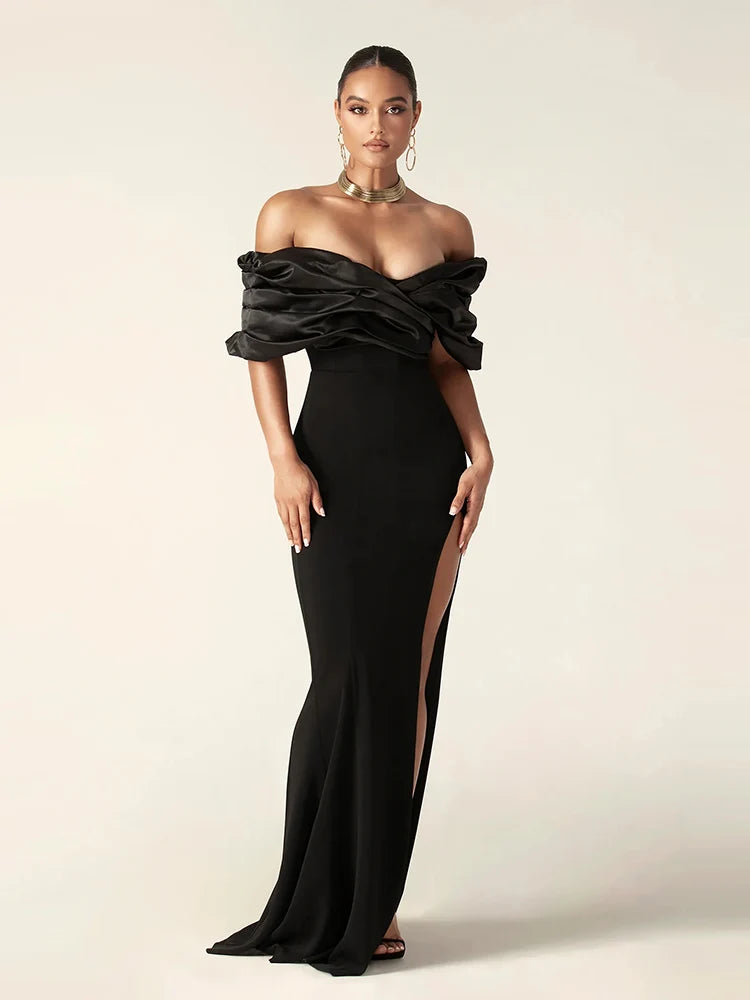 Elegant Satin Ruffle Shoulder High Slit Off the Shoulder Pleat Bodycon Long Maxi Dress