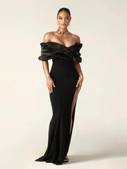 Elegant Satin Ruffle Shoulder High Slit Off the Shoulder Pleat Bodycon Long Maxi Dress