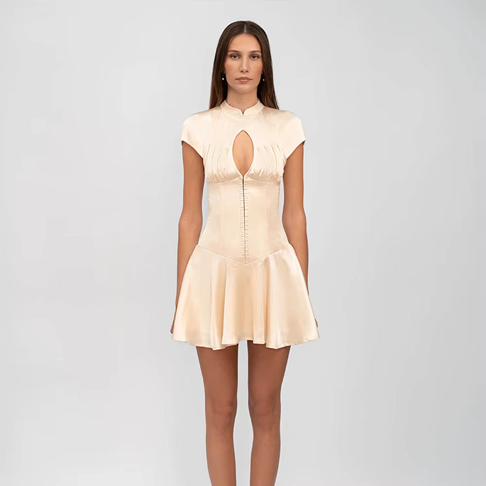 Elegant Satin Short Sleeve Hollow Out Bodycon Mini Dress