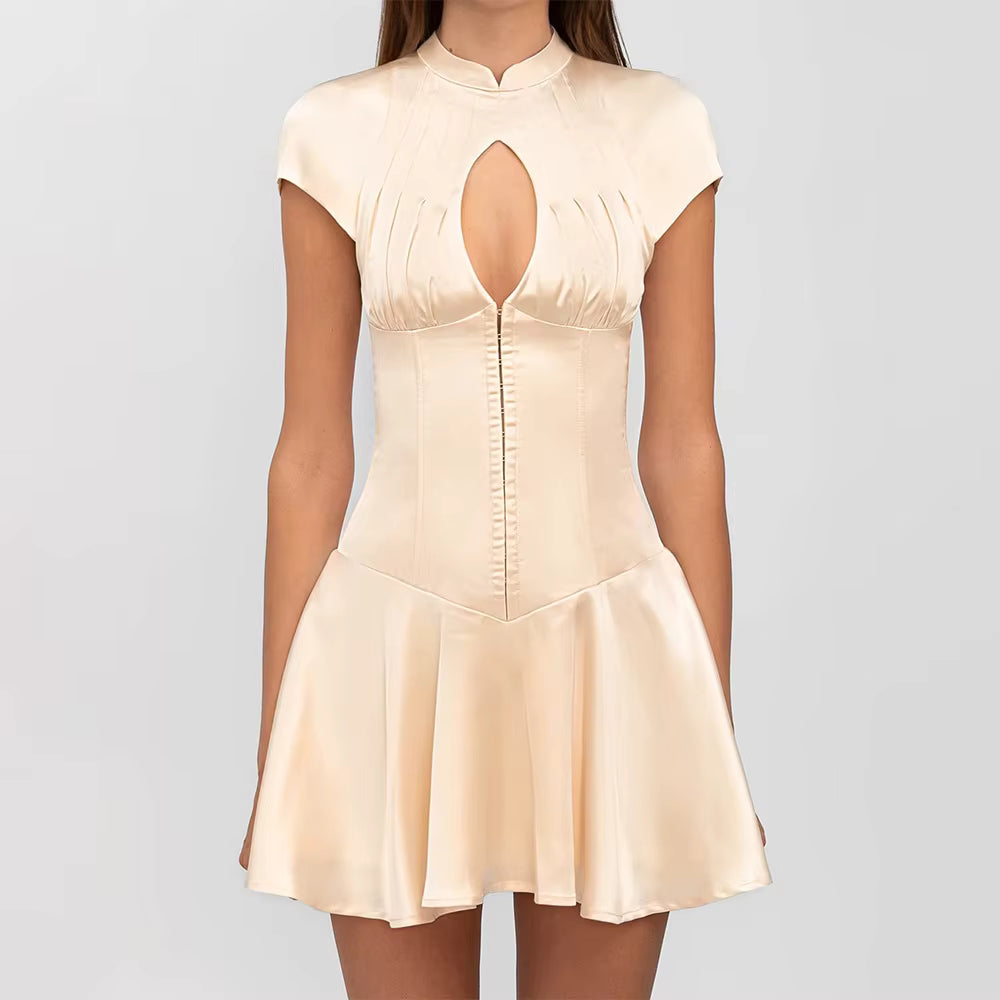 Elegant Satin Short Sleeve Hollow Out Bodycon Mini Dress