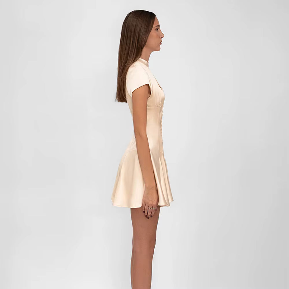 Elegant Satin Short Sleeve Hollow Out Bodycon Mini Dress