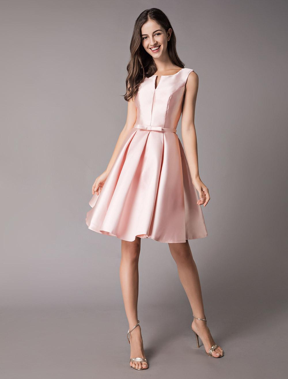 Elegant Satin Soft Pink A Line Sleeveless Short Prom Cocktail Dress
